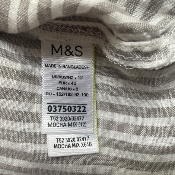 Pure Linen Shirt Women US 8 Brown White Striped Top Long Sleeve Lagenlook Blouse - Picture 11 of 14